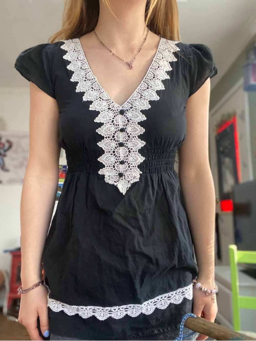 Black V-Neck Crochet-Trim Blouse with Cap Sleeves